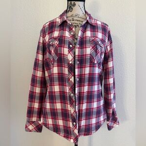 BC Clothing Plaid Fleece Lined Flannel Shirt Jacket Medium Red Blue